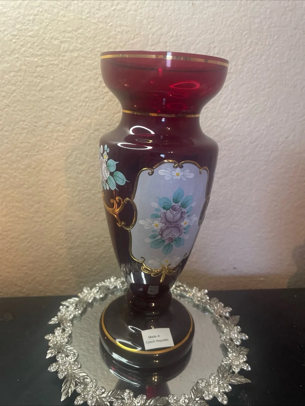 Gorgeous Bohemian Czech Republic Gilted Cranberry Glass 9” Royal Vase